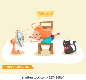 kids girls playing with fan and cat characters design