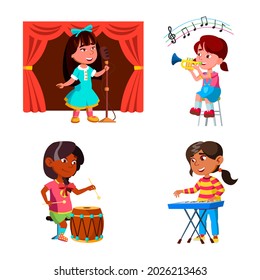 Kids Girls Playing Music Orchestra Set Vector. Kids Ladies Play On Drum, Piano Synthesizer And Trumpet Musician Instrument, Child Singing Song In Microphone On Stage. Characters Cartoon Illustrat