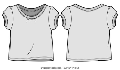 Niños Chicas Puff Sleeve T-Shirt Top Front and Back View. Ilustración de vectores de sketch plano de moda, CAD, dibujo técnico, plano plano, plantilla, mordaza.