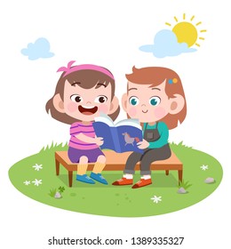 kids girls read book vector illustration