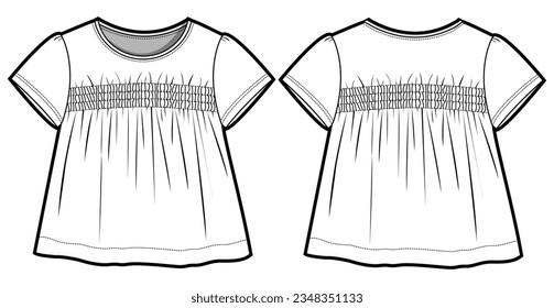 Kids Girl's Round Neck Smocked Short Sleeve Frock Dress  Front and Back View. Fashion Illustration, Vector, CAD, Technical Drawing, Flat Drawing, Template, Mockup.	