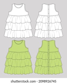 Kids Girls Ruffle Dress Front And Back Flat Sketch