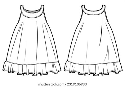 Kids Girls Sleeveless Yoke Neck A-Line Tent Dress with Frill Hem  Front and Back View. Fashion Illustration, Vector, CAD, Technical Drawing, Flat Drawing, Template, Mockup.	