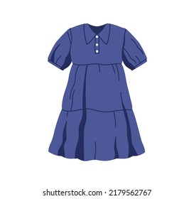 Kids girls summer dress with collar, buttons and sleeves. Little childs clothes. Modern small girly apparel, wearing. Girlish childish garment. Flat vector illustration isolated on white background