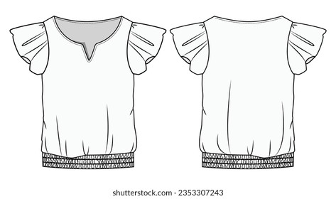 Kids Girls V-Neck Frill Sleeve Gathered Waist Top Front and Back View. Fashion Flat Sketch Vector Illustration, CAD, Technical Drawing, Flat Drawing, Template, Mockup.