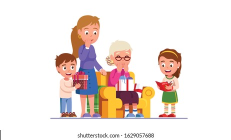 Kids giving holiday presents to happy surprised grandmother. Boy, girl gifting gift boxes and reading congratulations to grandparent. Old grandma birthday party. Flat vector character illustration svg