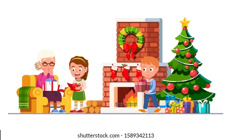 Kids giving New Year holiday presents to happy surprised grandmother. Boy, girl gifting gift boxes and reading congratulations to grandparent. Merry Christmas party. Flat vector character illustration