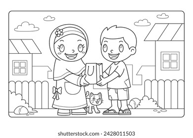 Kids Giving With Others Cartoon Coloring Page BW