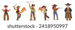 Kids Gleefully Don Cowboy Hats, Jackets, And Leather Boots, Toy Pistols, Wood Horse or Rope, Embodying Spirit Of Wild West With Playful Smiles And Imaginative Adventures. Cartoon Vector Illustration