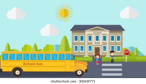 Kids go back to school. Bus, children and school facade composition. Vector illustration.