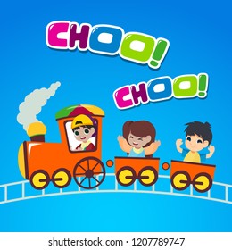 Kids go on by train illustration. Holiday illustration