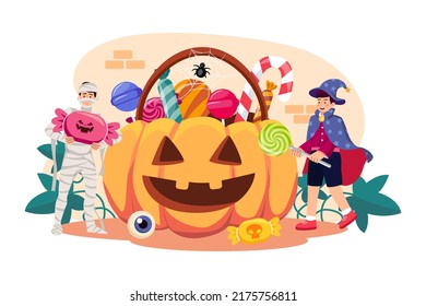 Kids go to parties, trick or treat and have fun on Halloween. Halloween Illustration concept.