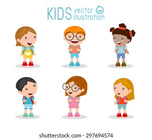 Kids go to school, back to school, Cute cartoon children, happy children, Vector Illustration.