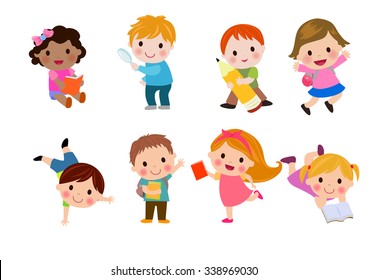 Kids Go To School, Back To School, Cute Cartoon Children, Happy Children, Vector Illustration.