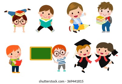 Kids go to school, back to school, Cute cartoon children, happy children, Vector Illustration.