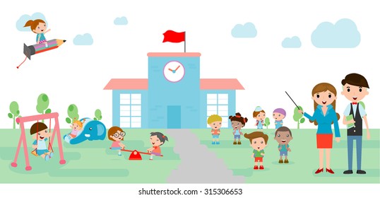 Kids Go To School, Back To School Template With Kids, Teacher And 
Students, Kids And  Playground, Vector Illustration.