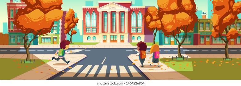 Kids go to school, little students, boys and girl wearing uniform and backpacks walking along street with autumn trees and crosswalk to educational institution building. Cartoon vector illustration