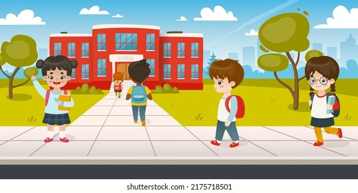 Kids Go To School. Pupils On The Sidewalk To School. Cute Cartoon Schoolchildren Go To Classes.