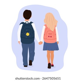 Kids go to school. Vector illustration of school boy and girl going to school in the morning.