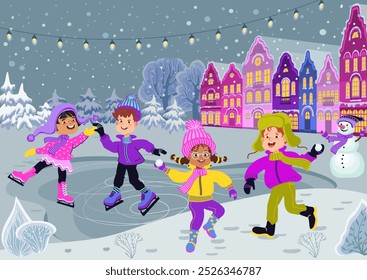 Kids go skating and playing snowballs. Happy cartoon children have fun on a walk in the winter town. Snowy houses. Boys and girls in bright warm clothes. Vector illustration
