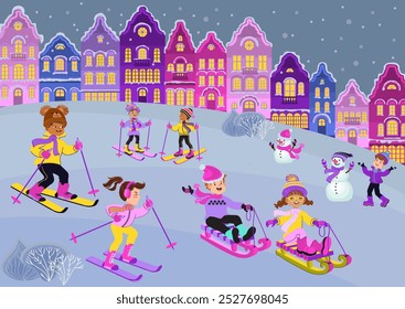 Kids go sledding and skiing. Happy cartoon children have fun on a walk in the winter town. Snowy houses. Boys and girls in bright warm clothes. Vector flat illustration.