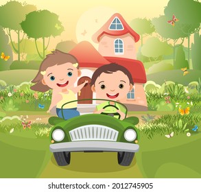 Kids goes on adventure in little car. Kid drives pedal or toy electric car. Cartoon illustration for children. Summer light landscape. Road and house. Vector