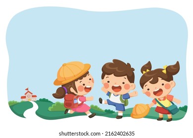 Kids going back to school happily. Schoolchildren gathering in front of the school wear happy smiles on light blue background