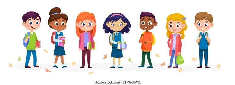 Kids are going back to school. Set of diverse little children of different ethnicity in uniform with bags and textbooks. Cartoon characters isolated on a white background vector illustration