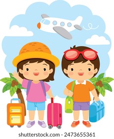 Kids going on a summer vacation – boy and girl traveling with suitcases and an airplane in the background.