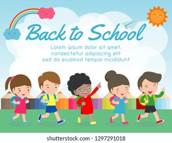 Kids Going to School, back to school template with children,Template for advertising brochure, your text,Kids and frame,child and frame,Vector Illustration 