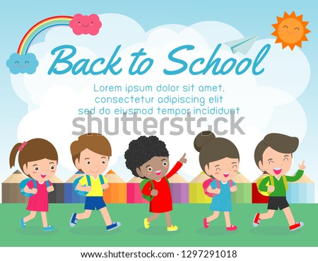 Kids Going to School, back to school template with children,Template for advertising brochure, your text,Kids and frame,child and frame,Vector Illustration 