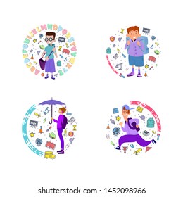 Kids going to school with a backpack behind him, a banner with school icons, flat design.