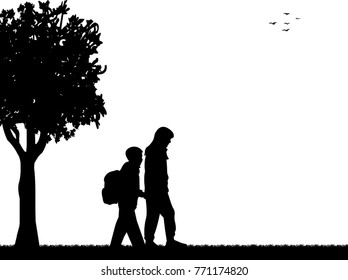 Kids going to school with backpack, sister leads brother to school through the park silhouette