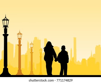 Kids going to school with backpack, sister leads brother silhouette layered