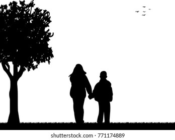 Kids going to school with backpack, sister leads brother to school through the park silhouette layered