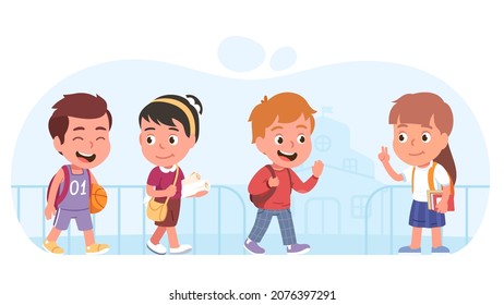 Kids going from school. Children group meeting to walk together. Smiling boys, girls college students greeting, wave hands. Friends talking, communicating. Flat vector character illustration