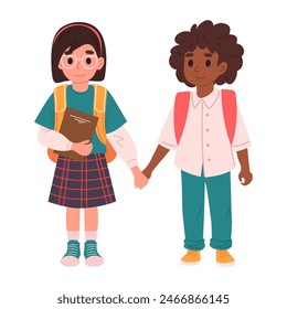 Kids going to school holding hands. Primary school students, elementary school students with backpacks and books flat vector illustration. Cheerful school kids