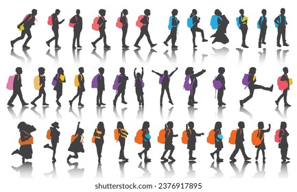 Kids Going to School Silhouette Vector Illustration.