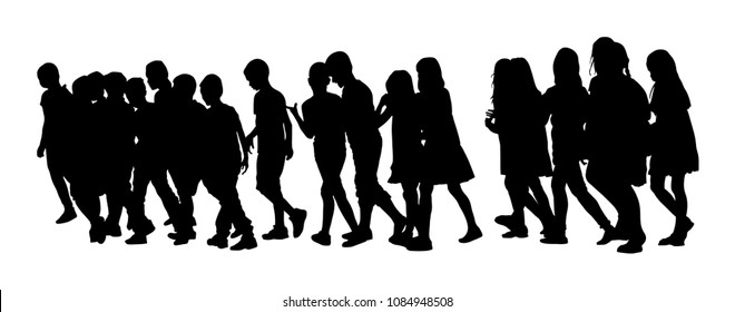 Kids going to school together vector silhouette illustration. Back to School happy boys and girls. School excursion, hold hand friends. Children crowds group. Little brother and sister crossing street