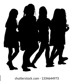 Kids going to school together vector silhouette illustration. Back to School. Happy girls. School kids excursion vector. Children crowds. Children in big group. Friends cross the street. Friendship