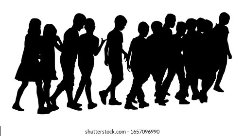 Kids going to school together vector silhouette illustration. Back to School happy boys and girls. School excursion, hold hand friends. Children crowds group. Little brother and sister crossing street