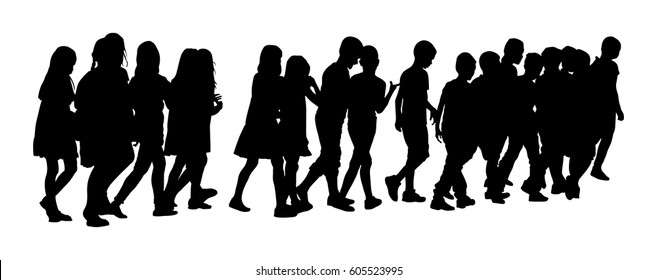 Kids going to school together vector silhouette illustration. Back to School happy boys and girls. School excursion, hold hand friends. Children crowds group. Little brother and sister crossing street