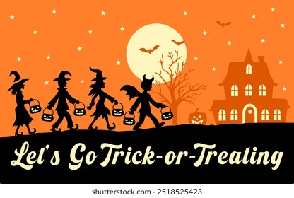 kids going trick or treating, halloween night, vector art