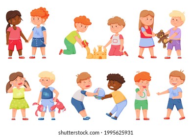 Kids good and bad behavior. Friends sharing toys, playing together, holding hands. Angry children fighting, bullying friend cartoon vector set. Smiling boys and girls, aggressive relationships