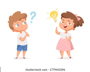 Kids good idea. Thinking people with question marks and happy mind lamp vector characters