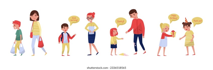 Kids with Good Manners Apologize, Give Gift Box, Greeting and Carry Shopping Bag Vector Set
