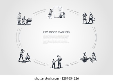 Kids good manners - boy helping girl to carry bag, giving piece of food, helping old people to walk, sit and carry bags vector concept set. Hand drawn sketch isolated illustration