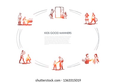 Kids good manners - boy helping girl to carry bag, giving piece of food, helping old people to walk, sit and carry bags vector concept set. Hand drawn sketch isolated illustration