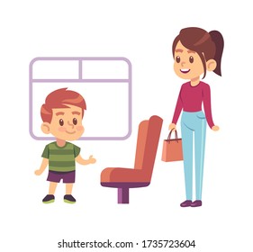 Kids Good Manners. Courteous Polite Boy Gives Way On Transport Seat For Woman Vector Concept