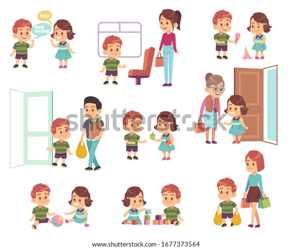 Kids good manners. Polite children in\
different situations, little boys and girls helping adults, respect\
elderly cartoon vector etiquette\
characters